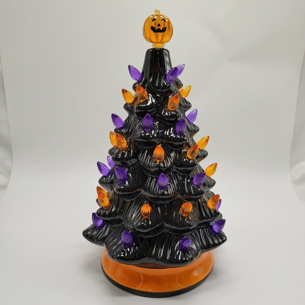 Ceramic Halloween Light-up Tree Purple Black Orange Battery Pumpkin 9.5" Tall